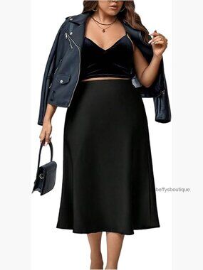 Plus Size Satin Ruffle Midi Skirt, High Waist Flowy A-Line